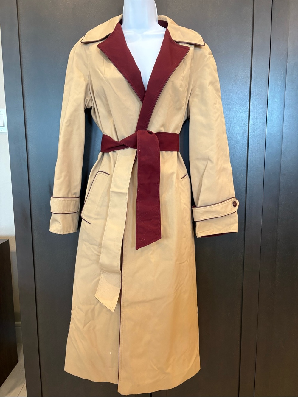 Beige Trench Coat with Burgundy Trim and Belt
